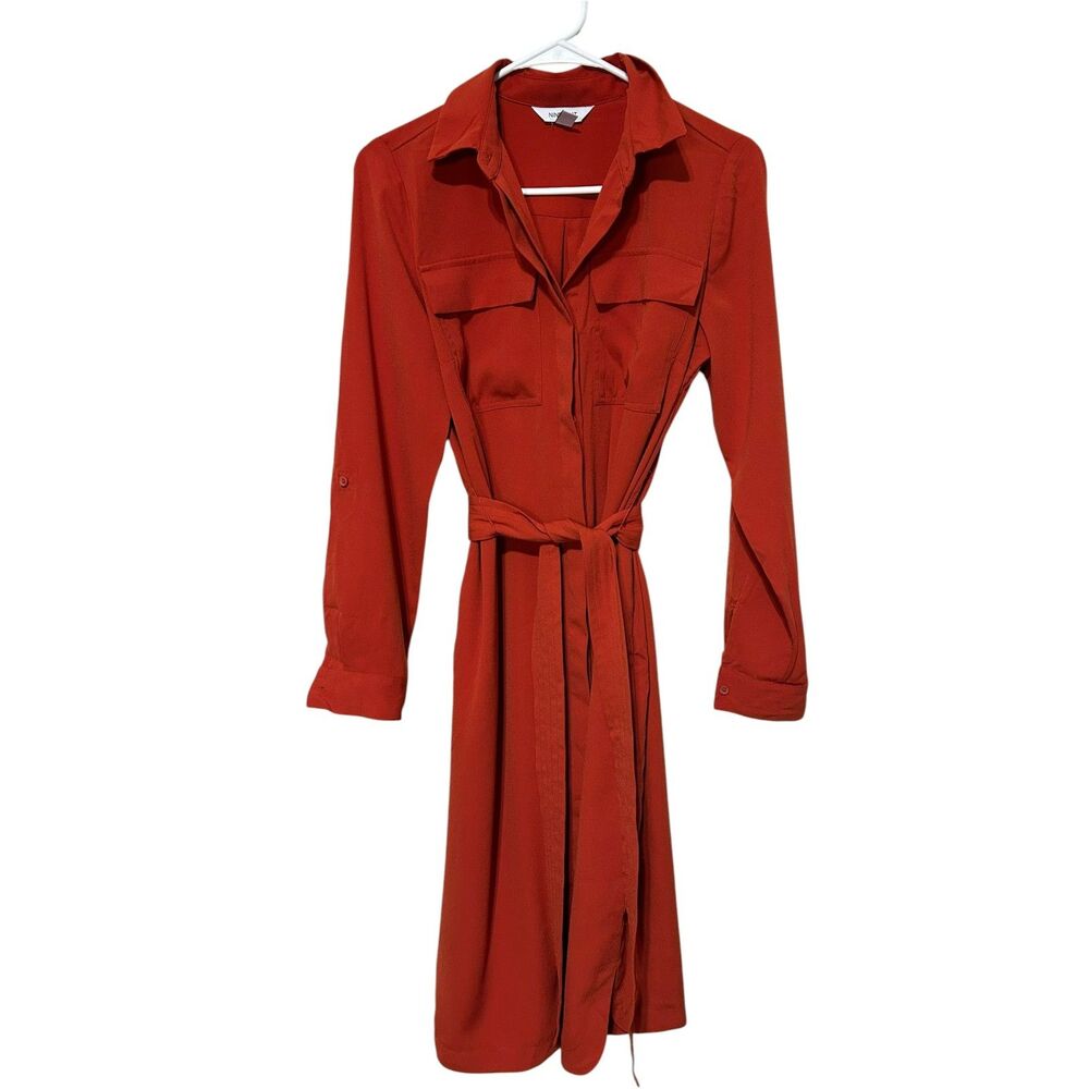 Nine West Rust Shirt Dress Small Belted Midi Dress Button Front Workwear Chic